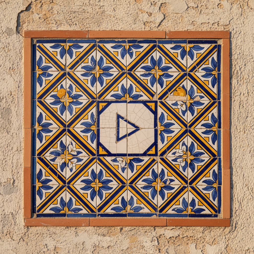 A close-up of a traditional Valencian ceramic tile mosaic, featuring intricate cobalt blue, saffron yellow, and white patterns inspired by Mediterranean flora and geometric motifs. The tiles, slightly worn and cracked, form the subtle outline of a podcast play button at the center. The mosaic is set into an old stucco wall with peeling texture, framed by a narrow border of polished terracotta. Soft, diffused late afternoon light grazes the surface from the side, enhancing texture and casting delicate shadows into the grout lines. Photographic realism, captured straight on with crisp focus, creating a refined, artistic tribute to València’s deep cultural heritage and storytelling spirit.