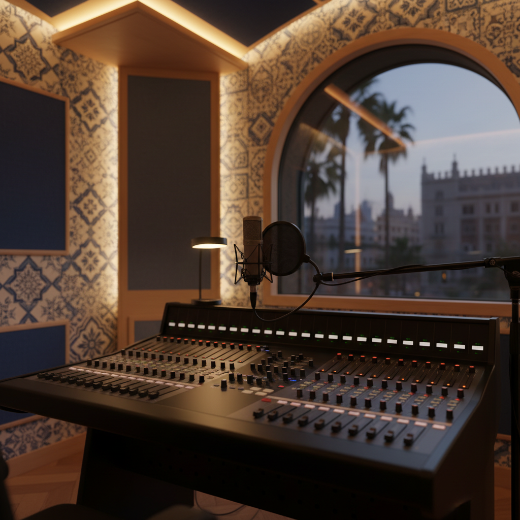 The interior of a refined Mediterranean-inspired recording studio, designed as a tribute to València: soundproof panels covered in elegant blue-and-white fabric referencing local azulejos, a sleek black recording console, and a single high-end studio microphone. A large window reveals a blurred view of palm trees and a hint of the Valencia skyline at dusk. Warm, indirect LED lighting and a soft desk lamp create a cozy, contemplative glow, with subtle reflections on the console’s knobs and faders. Shot from a slightly low, three-quarter angle in photographic realism, with balanced depth of field, the composition exudes sophistication, calm focus, and a sense that deep, authentic conversations about the city are about to begin.