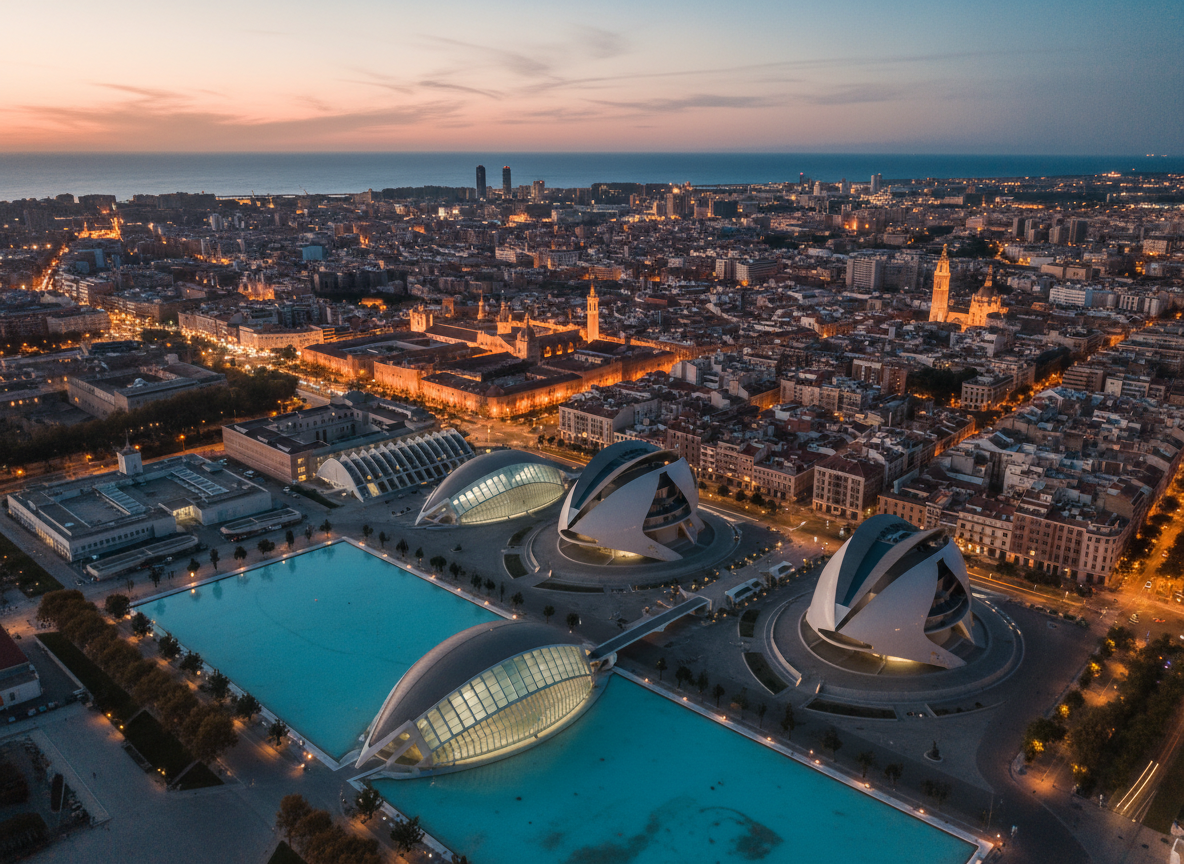 A twilight aerial photographic view of València’s skyline, focusing on the City of Arts and Sciences with its sleek white curves and reflective pools, blending into the historic old town in the distance. The Mediterranean Sea glows in muted turquoise at the horizon, while warm streetlights trace the organic layout of the barrios below. Golden hour light lingers on the buildings, creating soft, elongated shadows. Captured with sharp focus and a wide-angle cinematic composition, the image feels grand yet inviting, evoking the sense of a city full of stories and secrets waiting to be explored, sophisticated and modern yet rooted in history.
