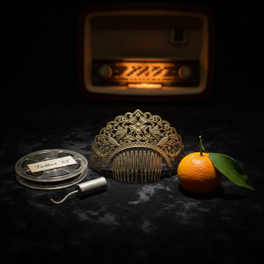 A still life composition of emblematic València cultural objects arranged on a dark, velvety tablecloth: an ornate fallera comb made of antique gold filigree, a small orange with a glossy peel and attached leaf, an old Super 8 film reel labeled in handwritten Spanish, and a miniature silvery firework shell. Behind them, an out-of-focus vintage radio emits a soft amber glow from its dial. Subtle, focused spotlighting from above creates dramatic chiaroscuro, accentuating textures and metallic reflections while leaving the surroundings in gentle shadow. Photographic realism with a slightly elevated angle and shallow depth of field, conveying a sophisticated, cinematic homage to the city’s festivals, cinema, and hidden stories.